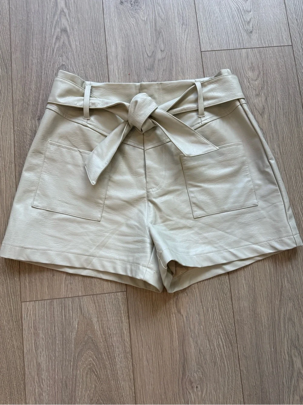 High-Waist Tie-Belt Leather Shorts in Pleather Faux Leather Cream - Picture 1 of 10